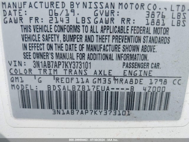 Nissan SENTRA S 2019 3N1AB7AP7KY373101 Image 9