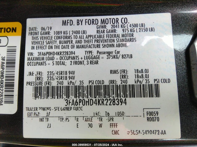 Ford FUSION SE 2019 3FA6P0HD4KR228394 Image 9