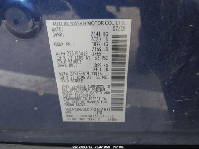 5N1AT2MV3LC706780 Nissan Rogue Sl Intelligent Awd
