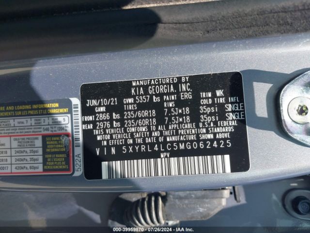 5XYRL4LC5MG062425 KIA SORENTO S