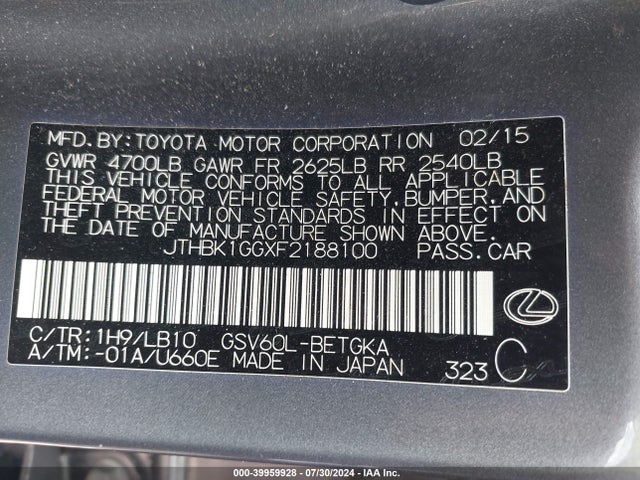 JTHBK1GGXF2188100 Lexus Es 350 Crafted Line