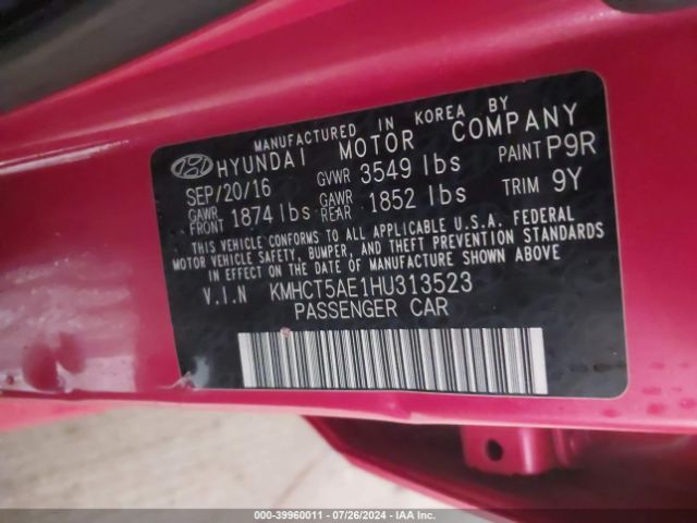 KMHCT5AE1HU313523 Hyundai ACCENT SE