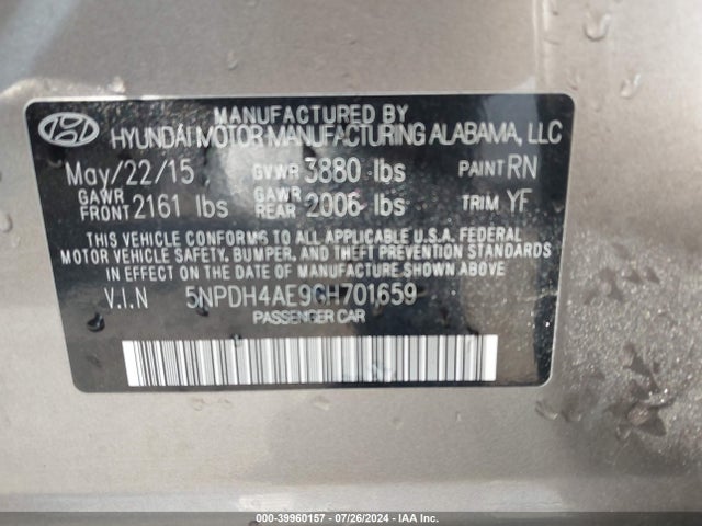Hyundai ELANTRA SE 2016 5NPDH4AE9GH701659 Image 9