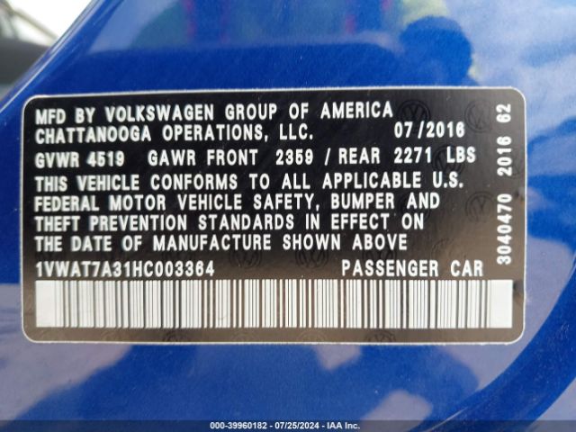 1VWAT7A31HC003364 Volkswagen Passat 1.8t S