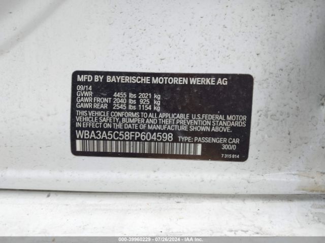 BMW 328I 2015 WBA3A5C58FP604598 Image 9