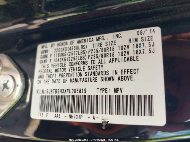 5J8TB3H3XFL005819 Acura RDX