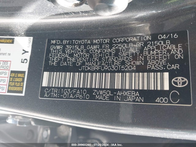 Toyota Prius Two 2016 JTDKBRFU9G3015204 Image 9