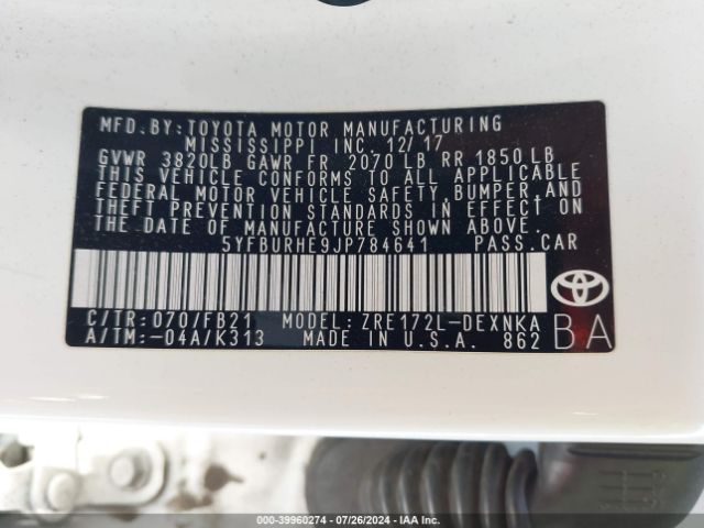 5YFBURHE9JP784641 Toyota Corolla L/le/se/xle/xse