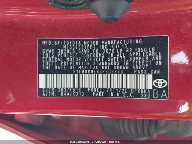 Toyota COROLLA LE 2016 5YFBURHE6GP503873 Image 9