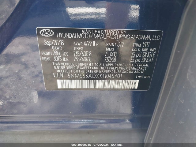 Hyundai Santa Fe Ultimate 2019 5NMS53ADXKH045401 Image 9
