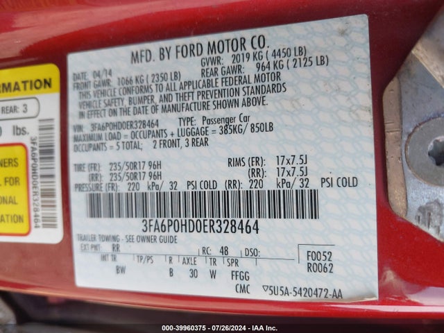 Ford FUSION SE 2014 3FA6P0HD0ER328464 Image 9