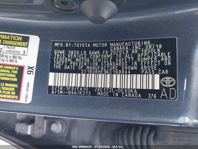 Toyota COROLLA L 2019 2T1BURHE9KC168844 Image 9