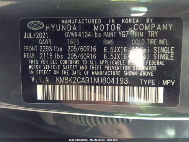 KM8K2CAB1NU804193 Hyundai Kona Se