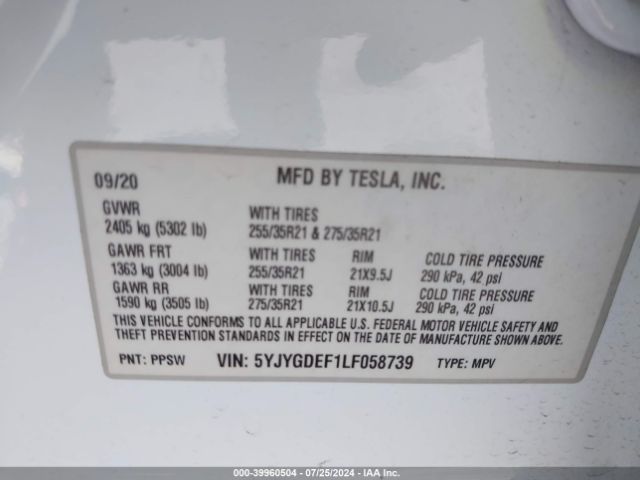5YJYGDEF1LF058739 Tesla Model Y Long Range Dual Motor All-wheel Drive/performance Dual Motor All-wheel Drive