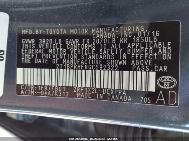 2T1BPRHE8GC592322 Toyota Corolla Le Plus