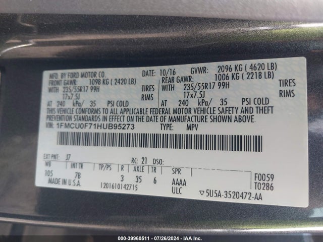 Ford ESCAPE S 2017 1FMCU0F71HUB95273 Image 9