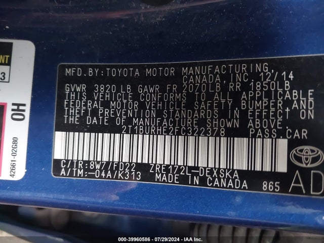 Toyota Corolla S Plus 2015 2T1BURHE2FC322378 Image 9
