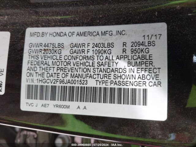 1HGCV2F96JA001523 Honda Accord Touring 2.0t