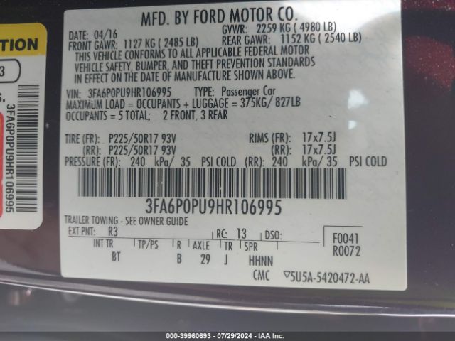 3FA6P0PU9HR106995 Ford Fusion Energi Se Luxury