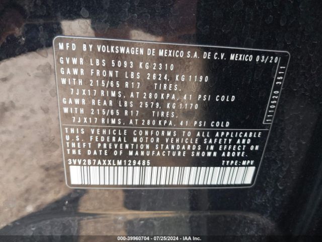 3VV2B7AXXLM129485 Volkswagen Tiguan 2.0t Se/2.0t Se R-line Black/2.0t Sel