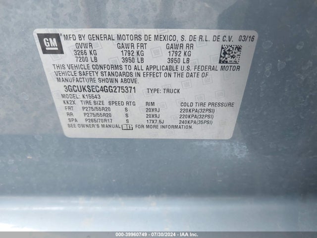 3GCUKSEC4GG275371 Chevrolet Silverado 1500 1lz