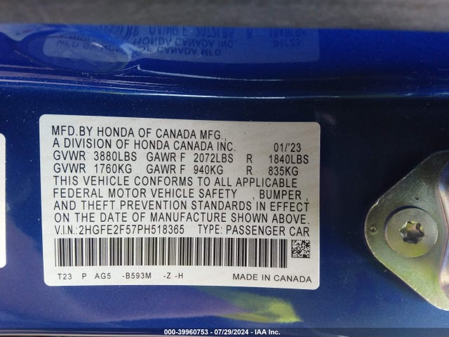 Honda Civic Sport 2023 2HGFE2F57PH518365 Image 9