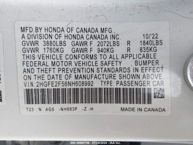 2HGFE2F56NH608992 Honda Civic Sport