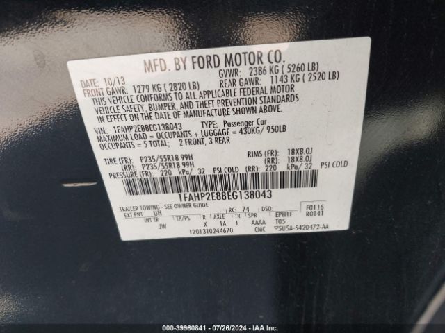 1FAHP2E88EG138043 Ford TAURUS SEL