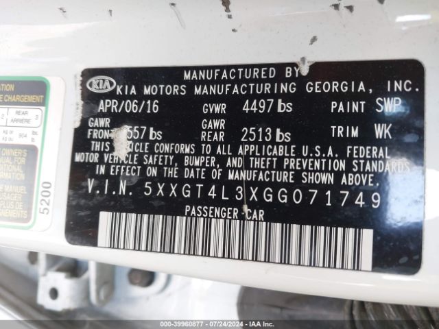 5XXGT4L3XGG071749 KIA Optima Lx