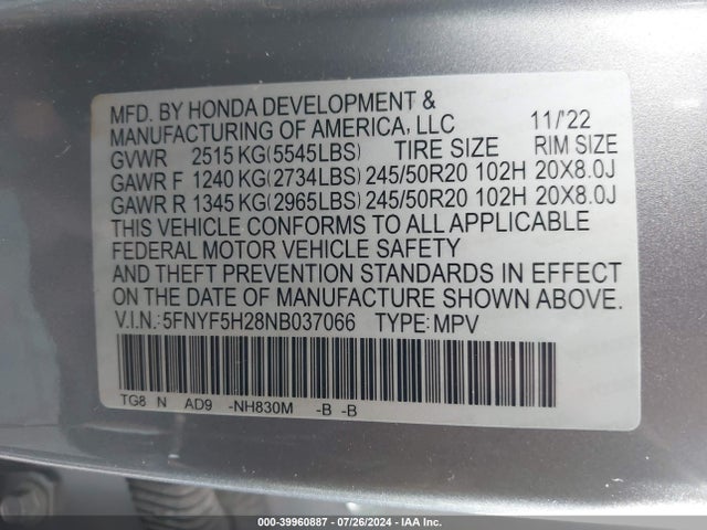 Honda Pilot 2wd Special Edition 2022 5FNYF5H28NB037066 Image 9