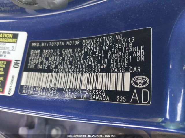 2T1BURHE5EC053260 Toyota Corolla S Plus