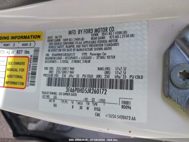 Ford FUSION SE 2018 3FA6P0HD5JR260172 Image 9