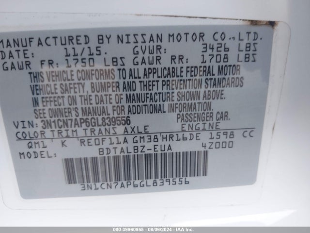 Nissan Versa 1.6 Sv 2016 3N1CN7AP6GL839556 Image 9