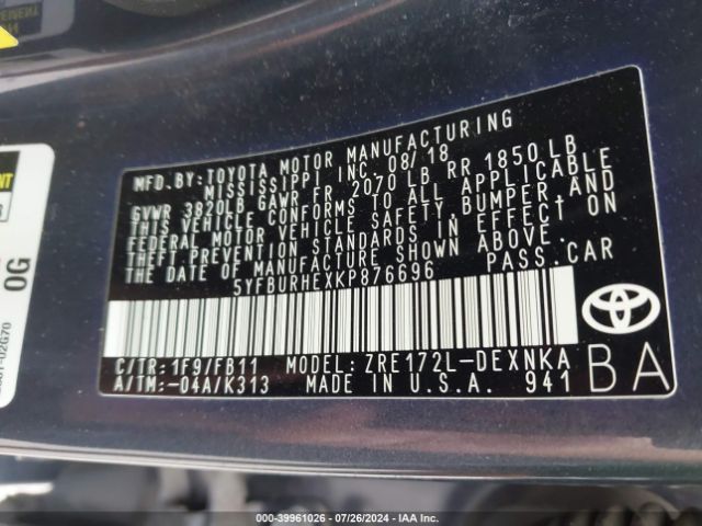 5YFBURHEXKP876696 Toyota Corolla L/le/se/xle/xse