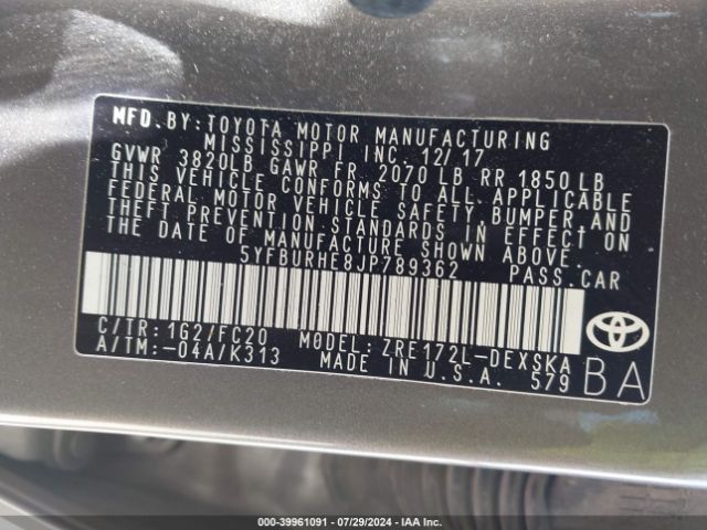 5YFBURHE8JP789362 Toyota Corolla L/le/se/xle/xse