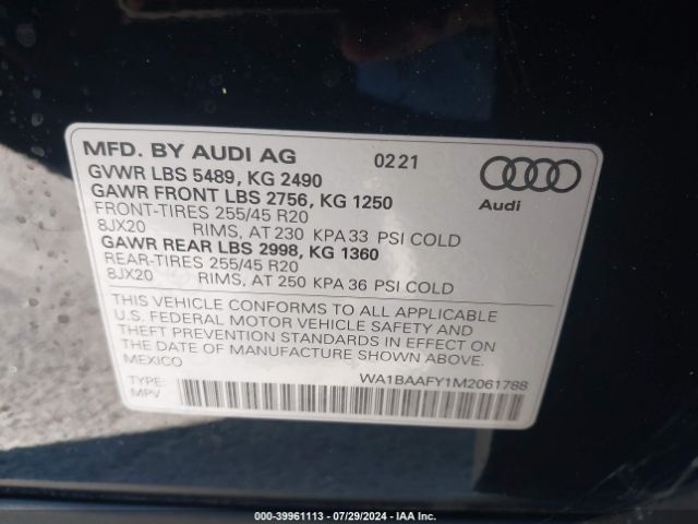 WA1BAAFY1M2061788 Audi Q5 Premium Plus 45 Tfsi Quattro S Tronic
