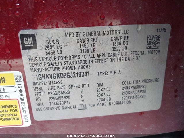 Chevrolet Traverse 1lt 2016 1GNKVGKD3GJ219341 Image 9