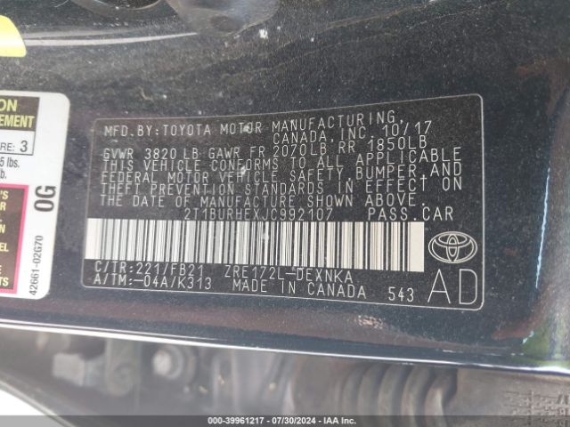 2T1BURHEXJC992107 Toyota Corolla L/le/se/xle/xse