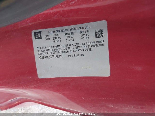 Chevrolet Camaro 2lt 2015 2G1FF1E33F9188411 Image 9