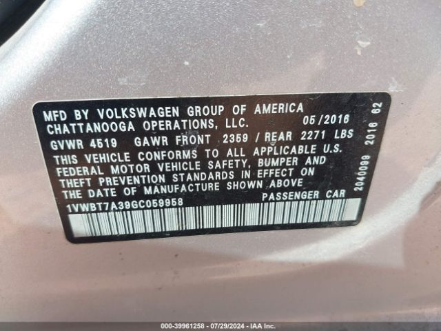 1VWBT7A39GC059958 Volkswagen Passat 1.8t Se
