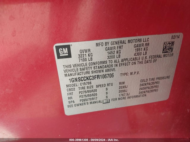 Chevrolet Tahoe Ltz 2015 1GNSCCKC3FR106706 Image 9