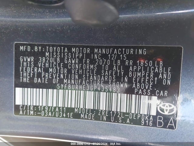 Toyota COROLLA L 2016 5YFBURHE3GP435483 Image 9
