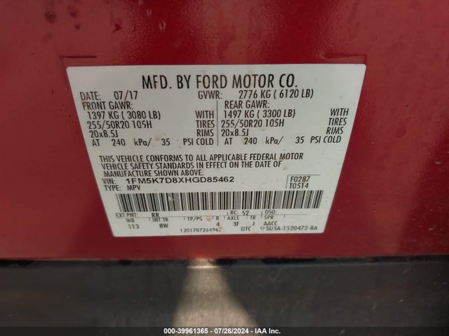 Ford EXPLORER XLT 2017 1FM5K7D8XHGD85462 Image 9