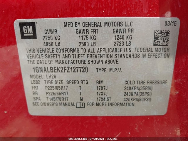 Chevrolet EQUINOX 1LT 2015 1GNALBEK2FZ127720 Image 9