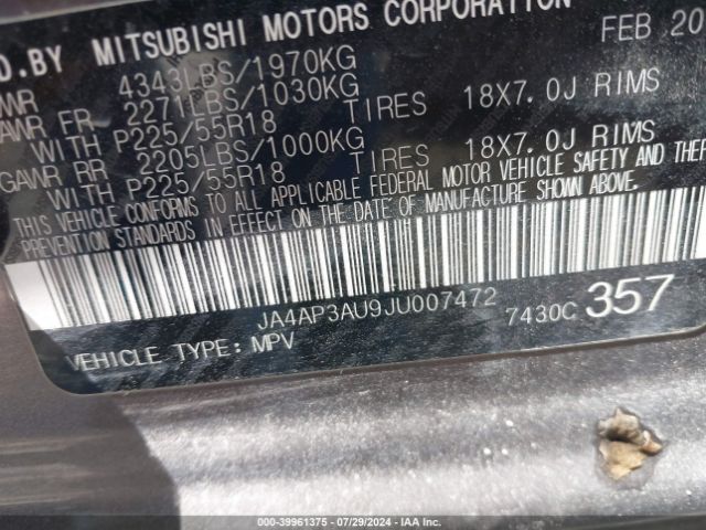 JA4AP3AU9JU007472 Mitsubishi Outlander Sport 2.0 Le