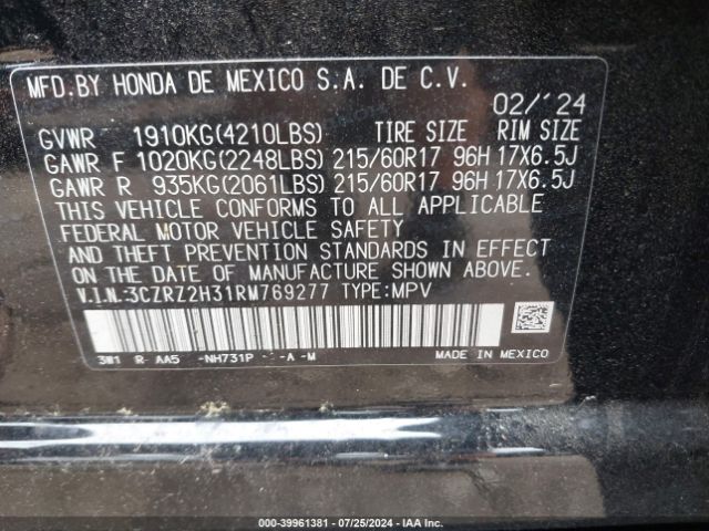 3CZRZ2H31RM769277 Honda Hr-v Awd Lx