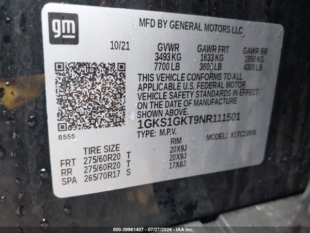 1GKS1GKT9NR111501 GMC Yukon Xl 2wd Slt