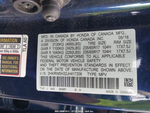 2HKRW5H32JH417206 Honda CR-V LX