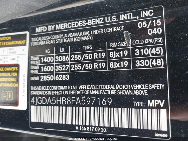 4JGDA5HB8FA597169 Mercedes-Benz Ml 350 4matic