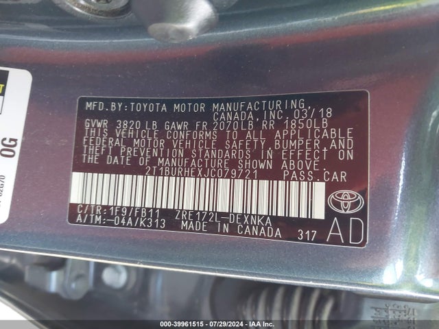 Toyota COROLLA LE 2018 2T1BURHEXJC079721 Image 9